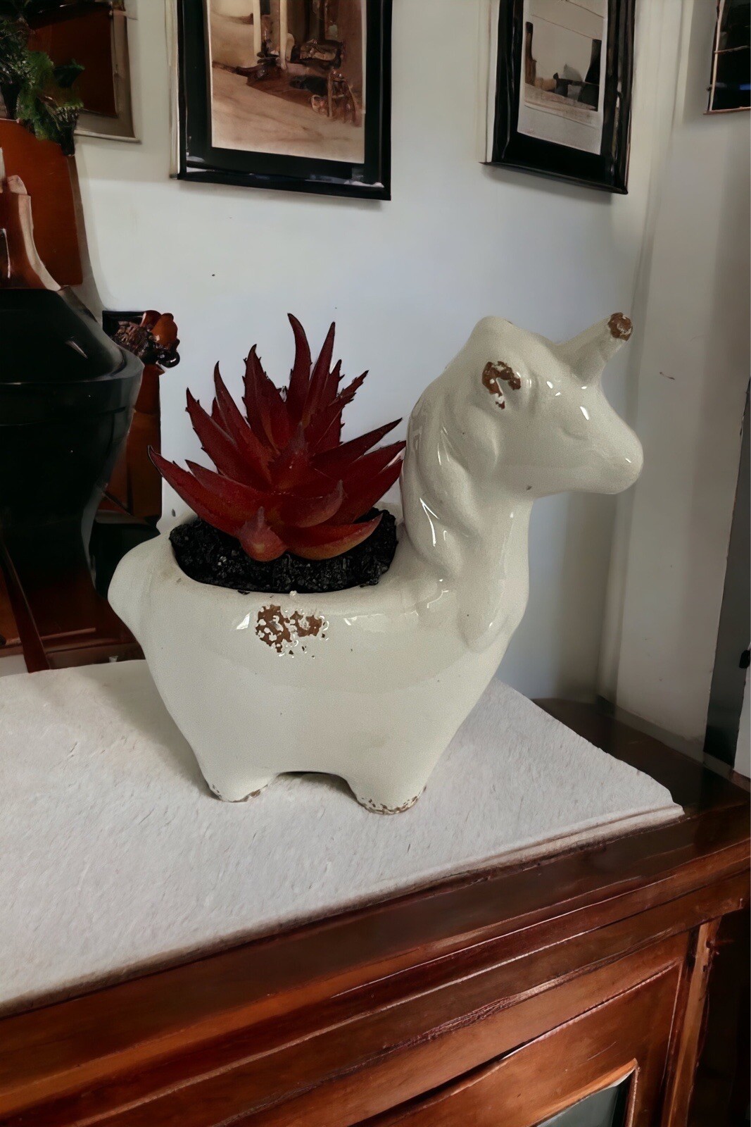 Unicorn Faux Succulent Planter White 4.5″ Home Decor Rustic Farmhouse