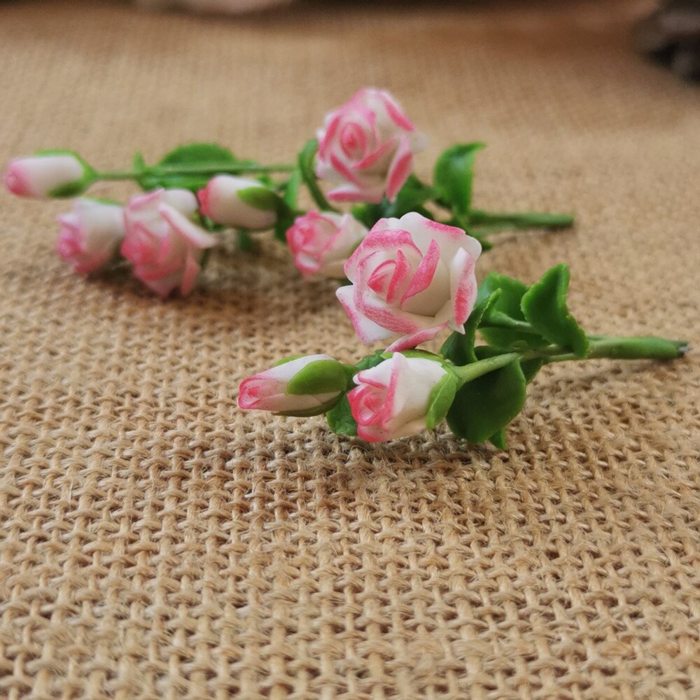 Bloom White Rose Pink Edges Flower Miniature Dollhouse 3 Bunches Flowers Decor