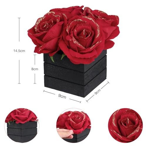 Artificial with Wooden Vase Silk Red Glitter Rose in Black Wood Box Red Roses