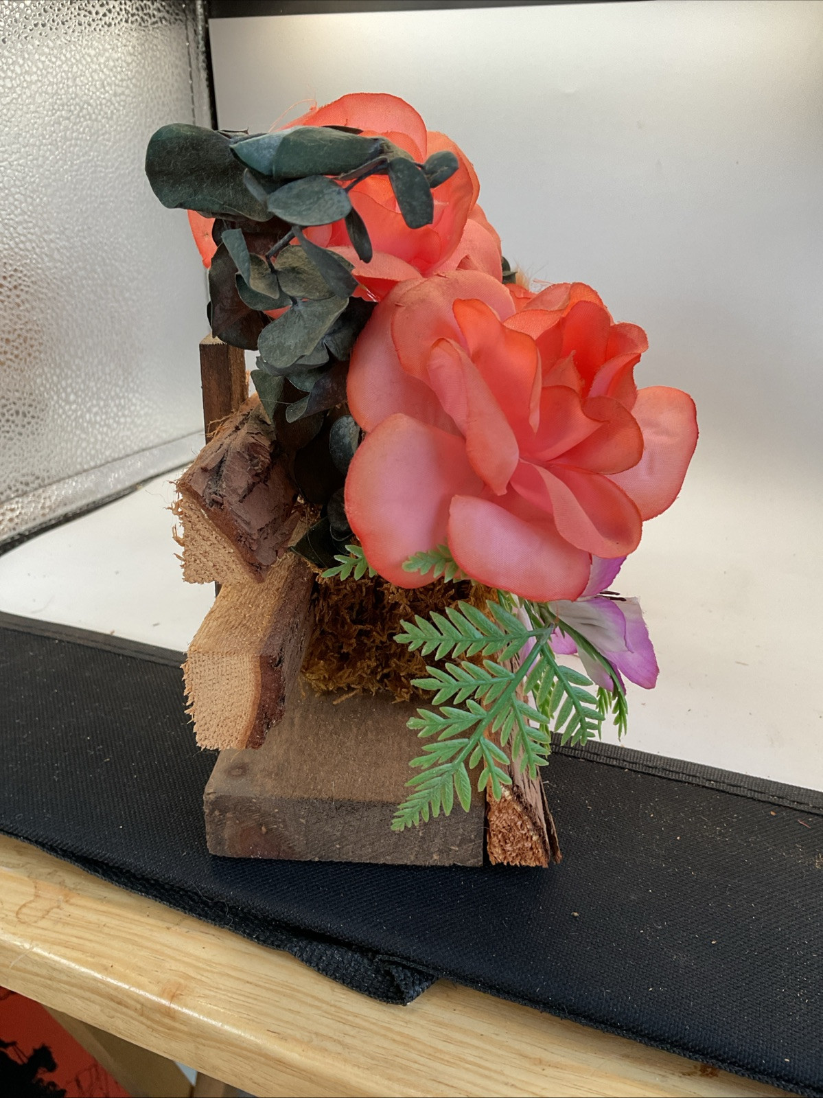 Floral Arrangement – Artificial Flowers Wooden Bench – 12”x 3.5”x 4.75”