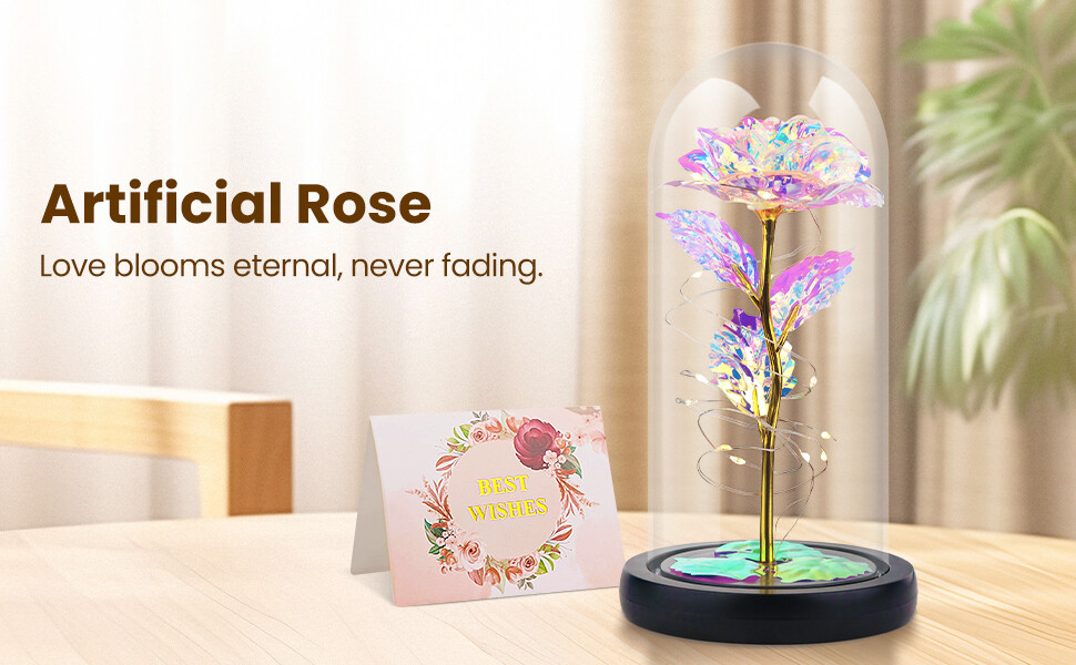Eternal Rose Flowers with LED Light in Glass Display Case