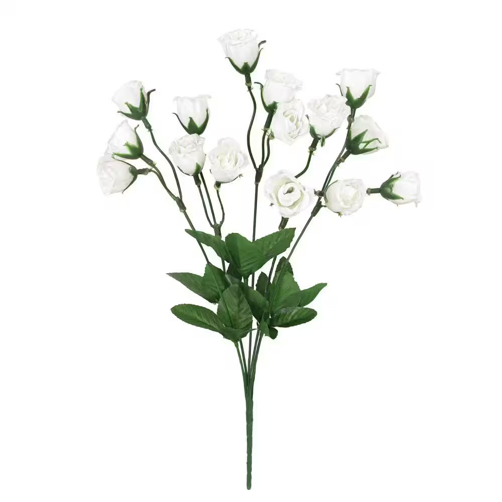 14 In. White Artificial Mini Rose Bud Flower Stem Bush Bouquet (Set of 12)