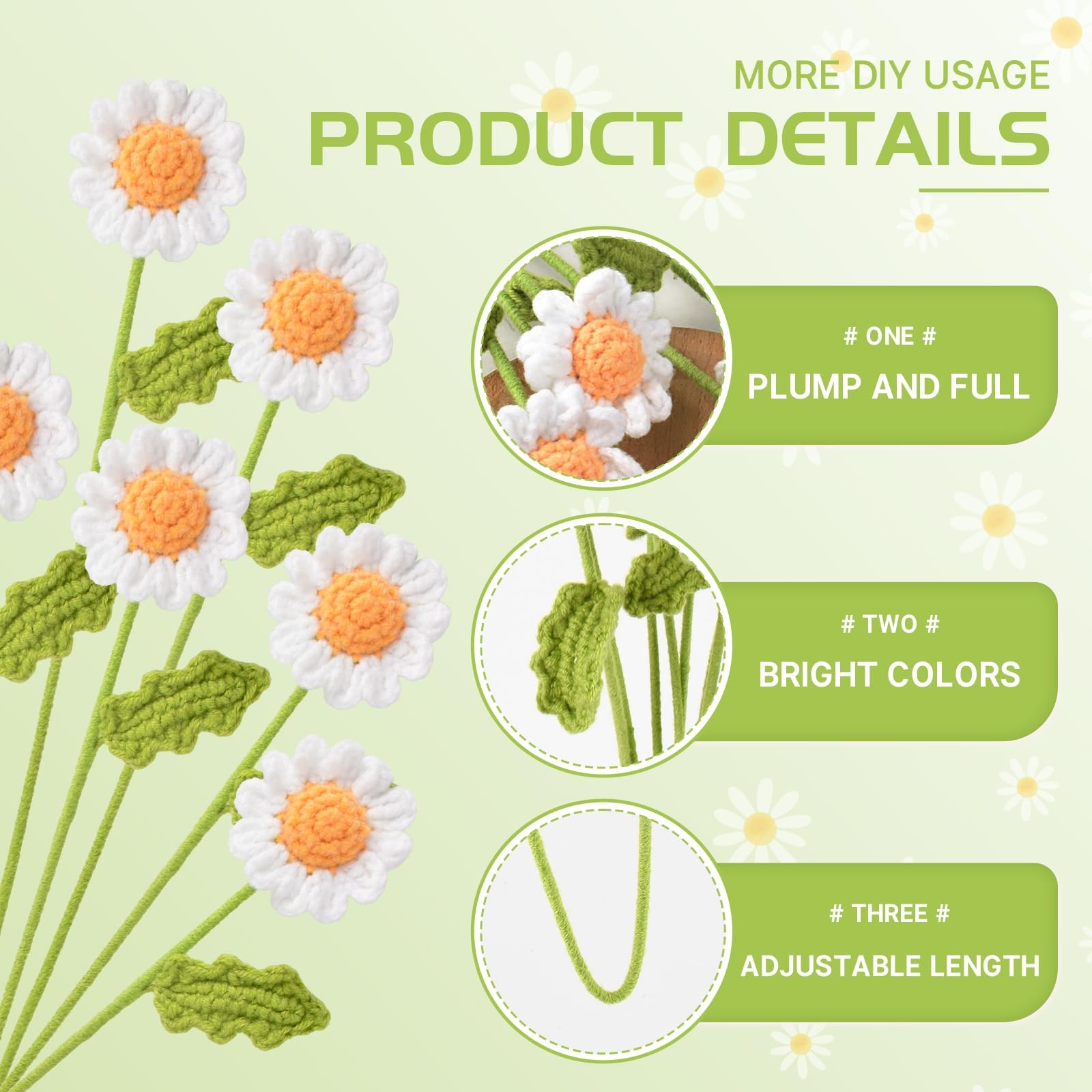 6PCS Crochet Daisy Flower 16.5Inch Knitted Handmade Daisy Flowers Cotton Knit…