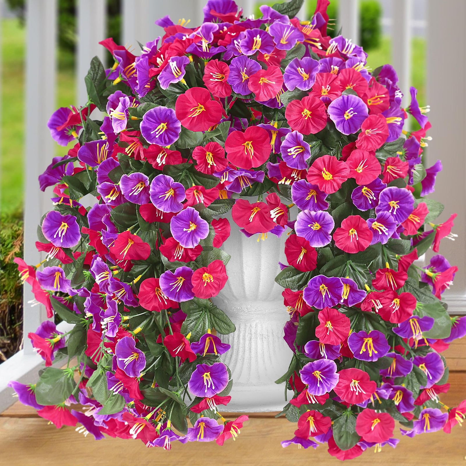 4PCArtificial Hanging Flowers Outdoor UVResistant Morning Glory Rose Red Magenta
