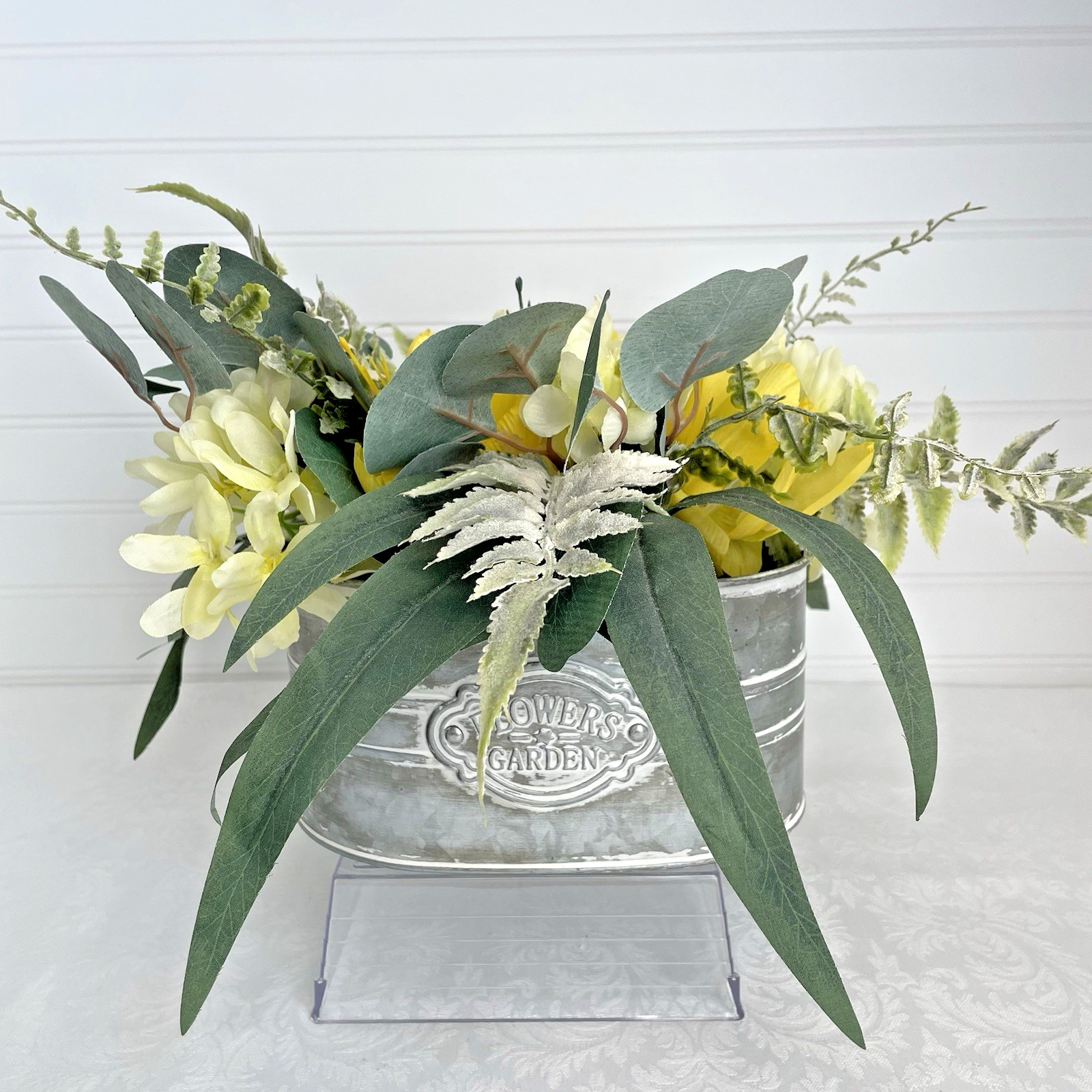 Artificial Floral Basket Arrangement Centerpiece Yellow Flowers in Metal Planter