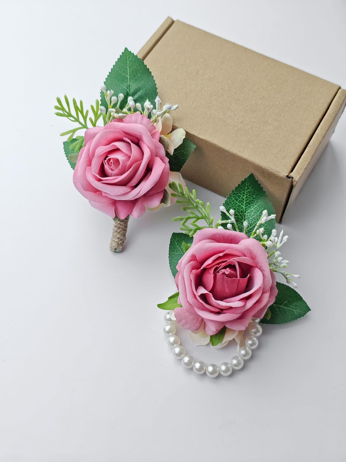 Pink Rose Corsage Boutonniere Set Wristlet Bride Bridesmaids Prom Wedding