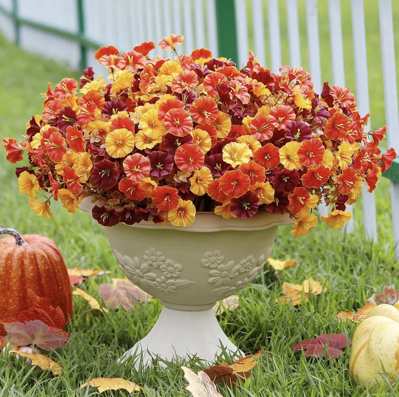 Artificial Petunia Flower Bouquet Red Yellow Orange 14.2in Fall Autumn Decor