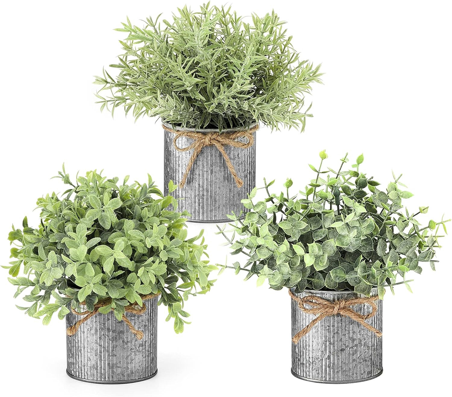 Fake Plants in Farmhouse Galvanized Metal Pots Table Centerpiece Rustic Home Dec