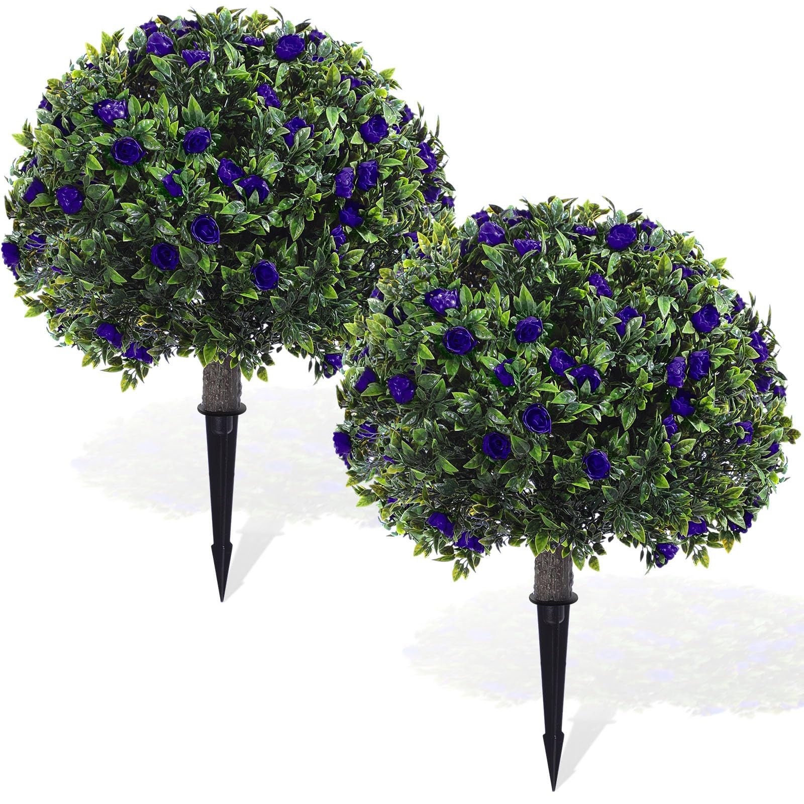 2 Pack Artificial Boxwood Topiary Ball Tree with Faux Rose Bush 18 Inch Outdo…