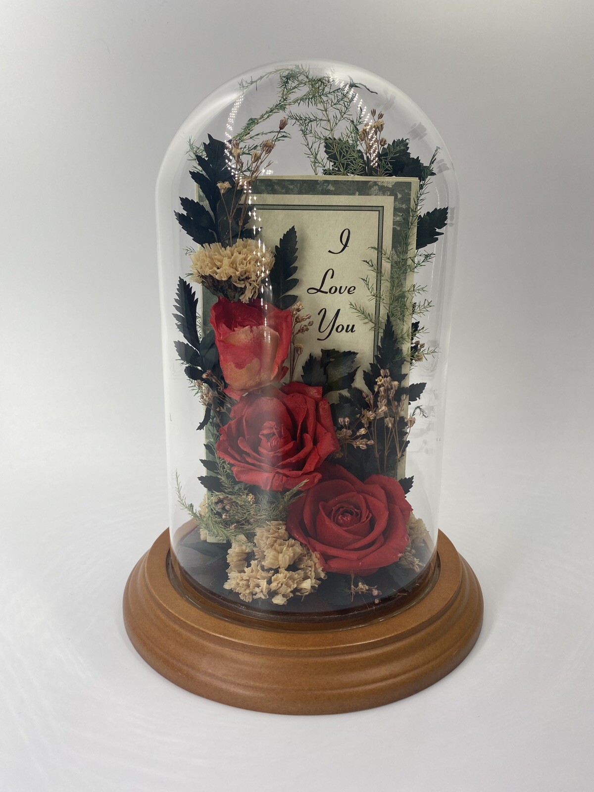Vintage Dried Red Roses Flower Arrangement Preserved in 7.5” Glass Dome