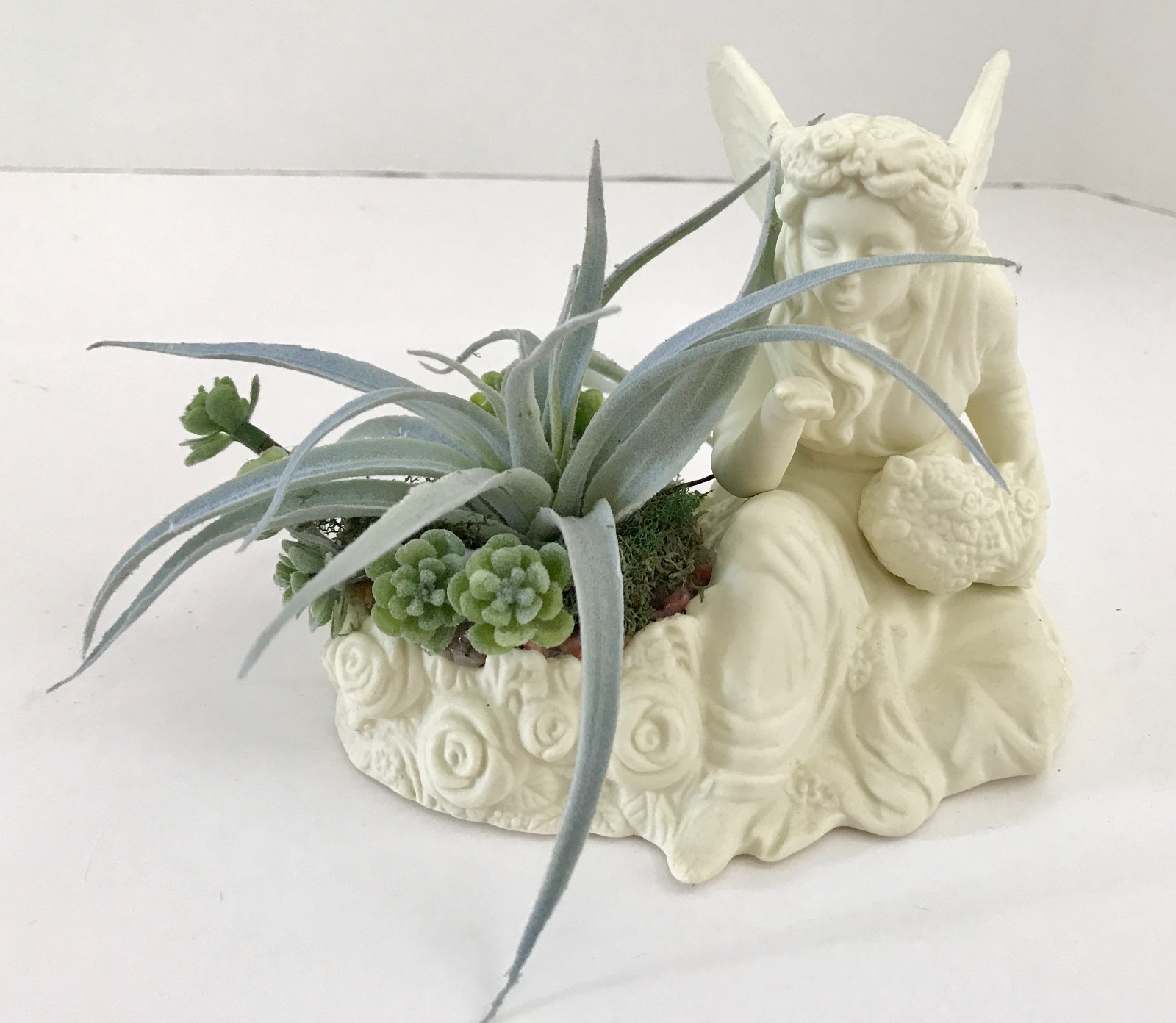 Decorative Ceramic White Seated Angel with Flower Basket Green Grass Succulent