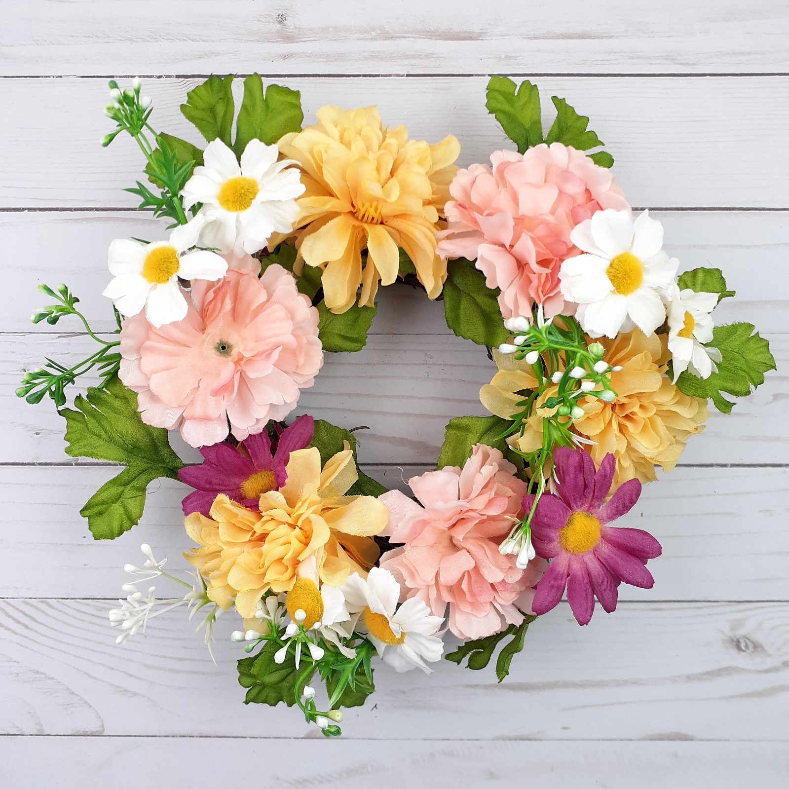 Candle Ring Wreath Peony Daisy Flowers Floral 5″ inside 10″ Overall