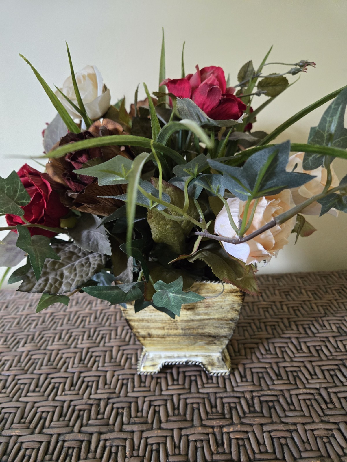 Vintage Rose Floral Arrangement in Footed Metal Pot 12″ Tall Rustic Farmhouse