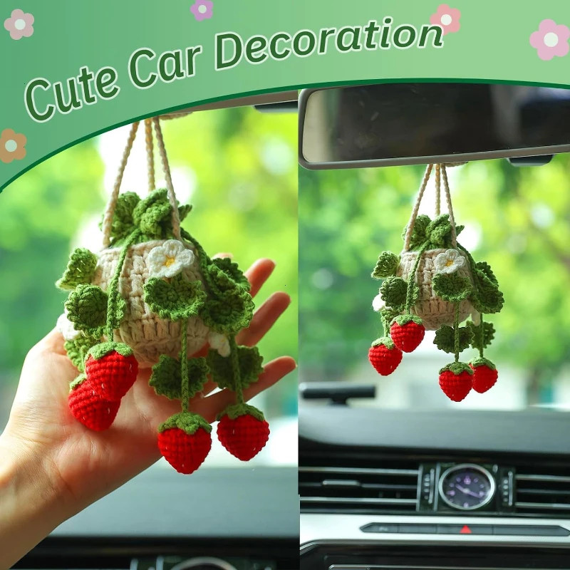 Car Crochet Hanging Plant Basket Strawberry Ornament Rear View Mirror Decor