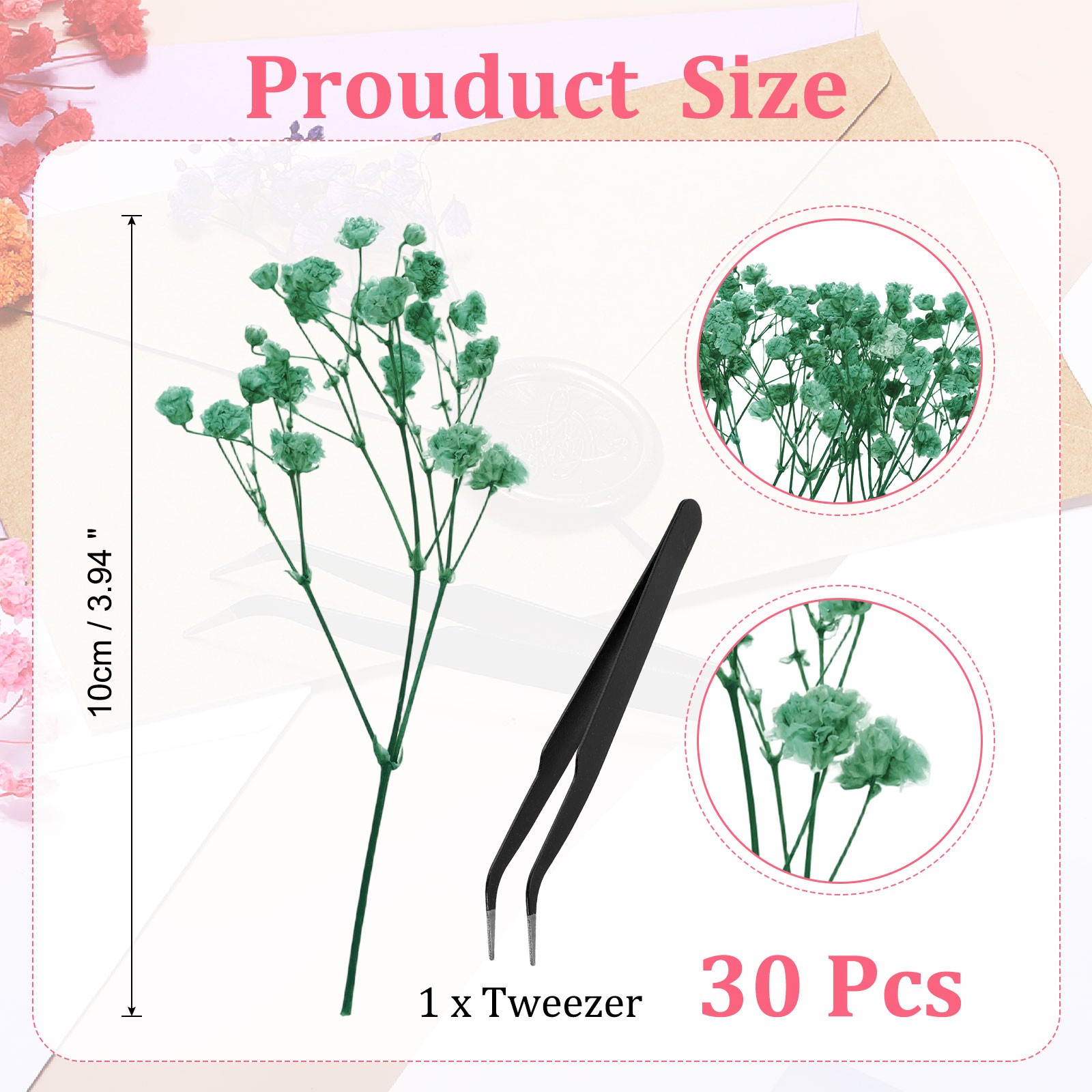 30 Pcs 4″ Dried Gypsophila Flower Light Blue Pressed Flowers w Tweezer for DIY