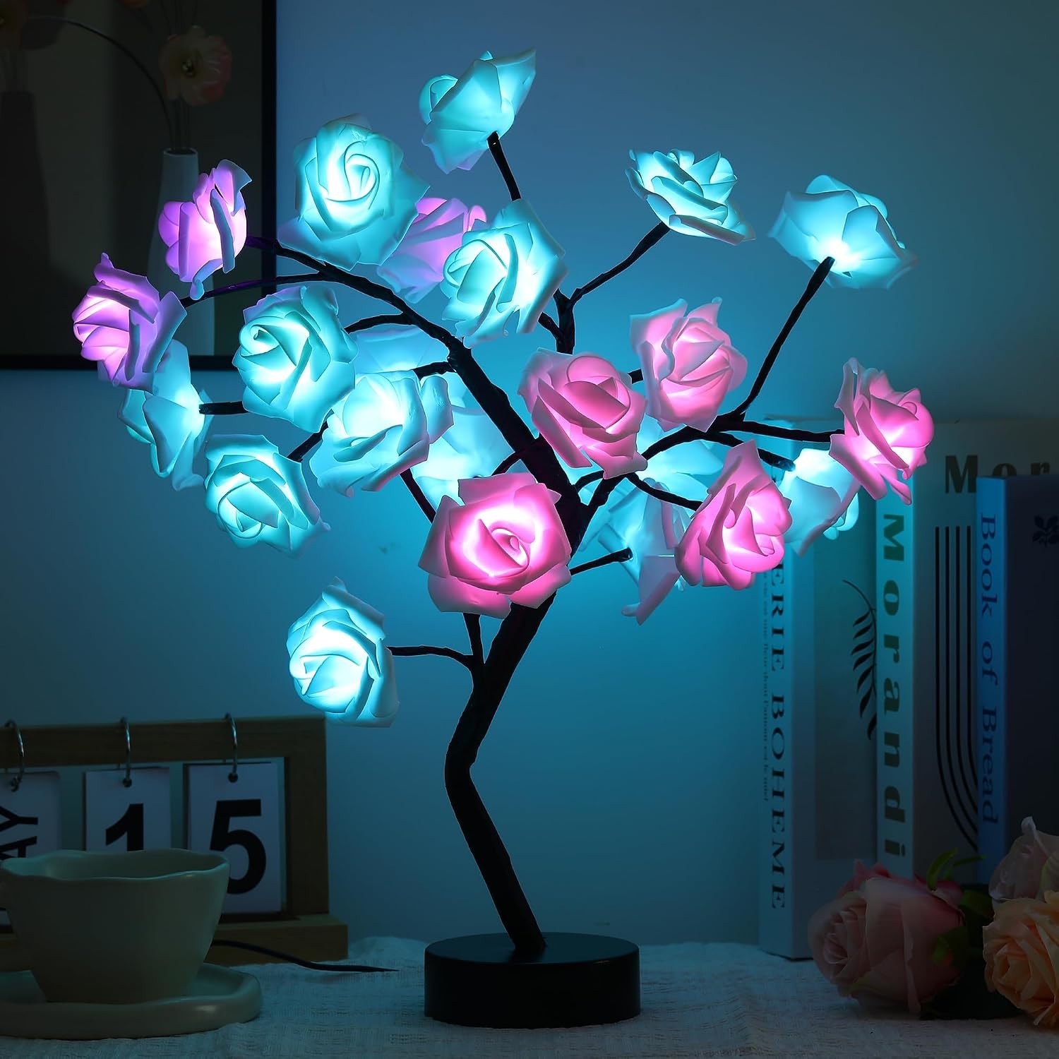 Rose Flower Tree Lamp – LED Rose Tree Table Lamp USB/Battery Powered Artificial