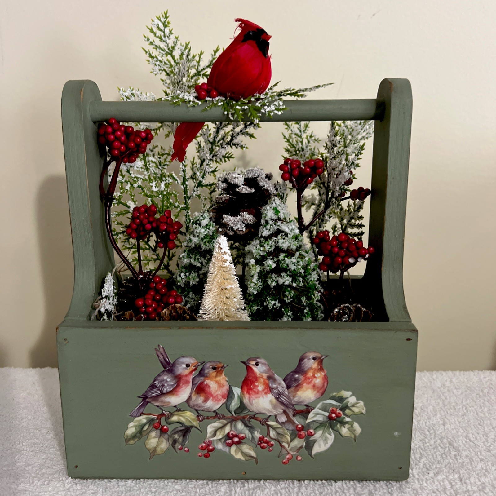 Rustic Centerpiece In Wood Box Cardinal Pinecones Winter Decor