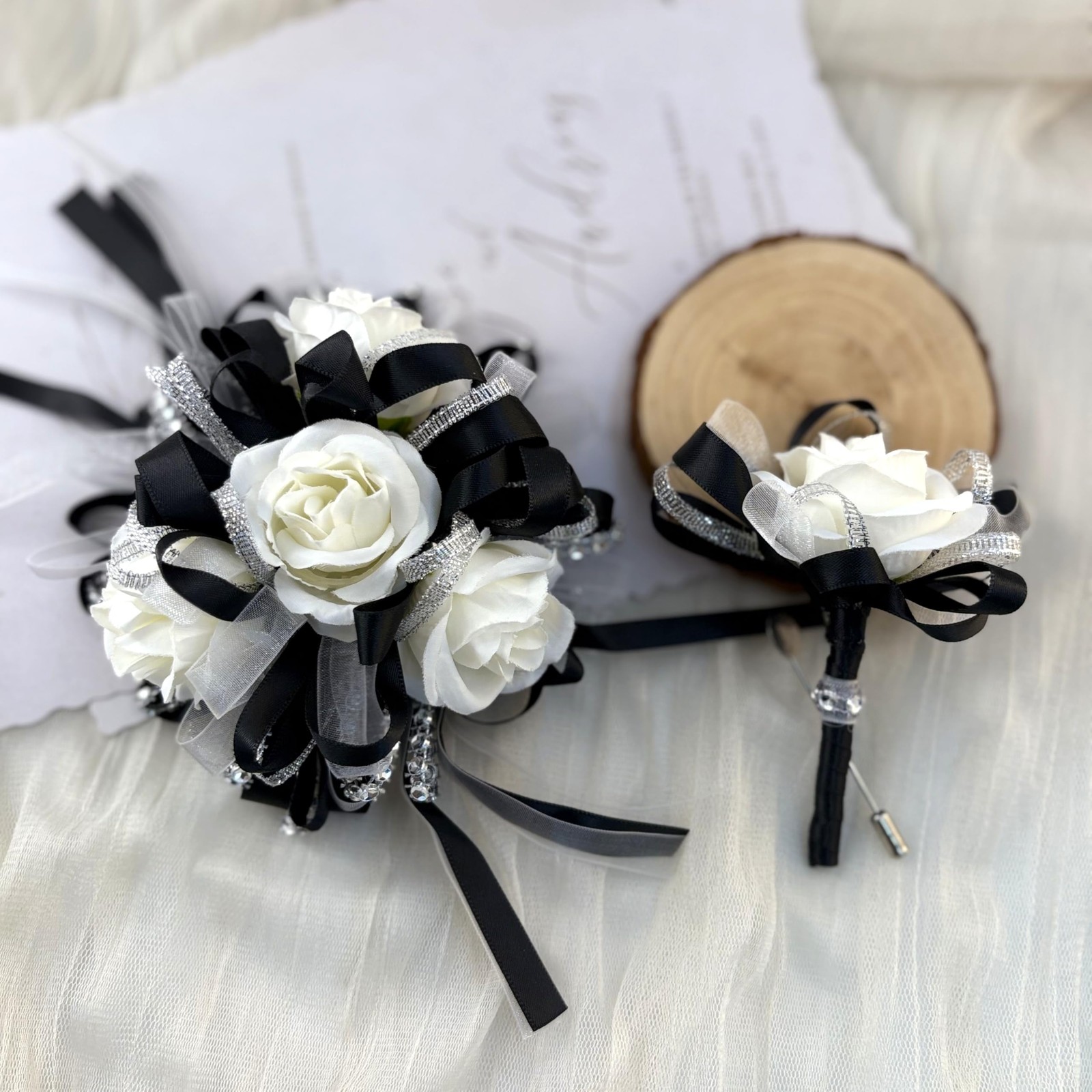Rose Wedding Corsage Boutonniere Set Floral Suit Accessories Black & White