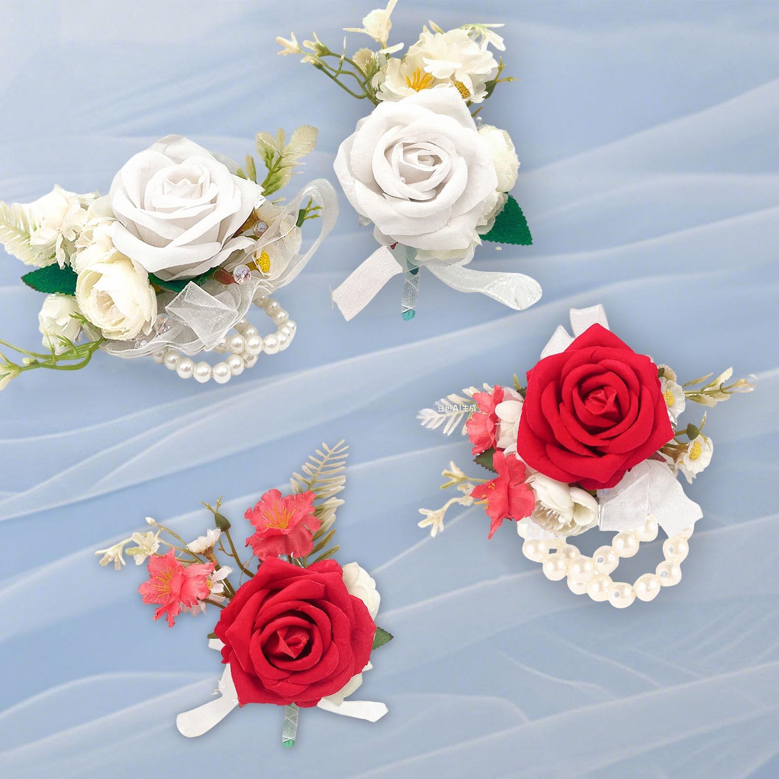 Artificial Rose Wrist Corsage And Boutonniere Set Wedding Prom White 2 PCS