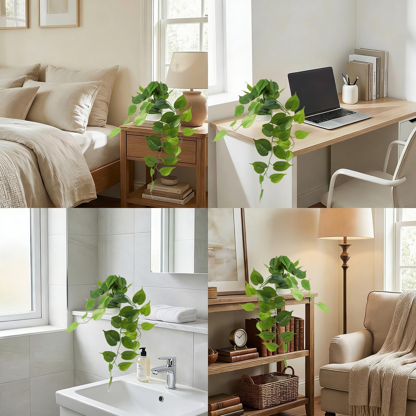 Fake Pothos Hanging Plant – Artificial Plastic Ivy Vines with White Pot, Real…