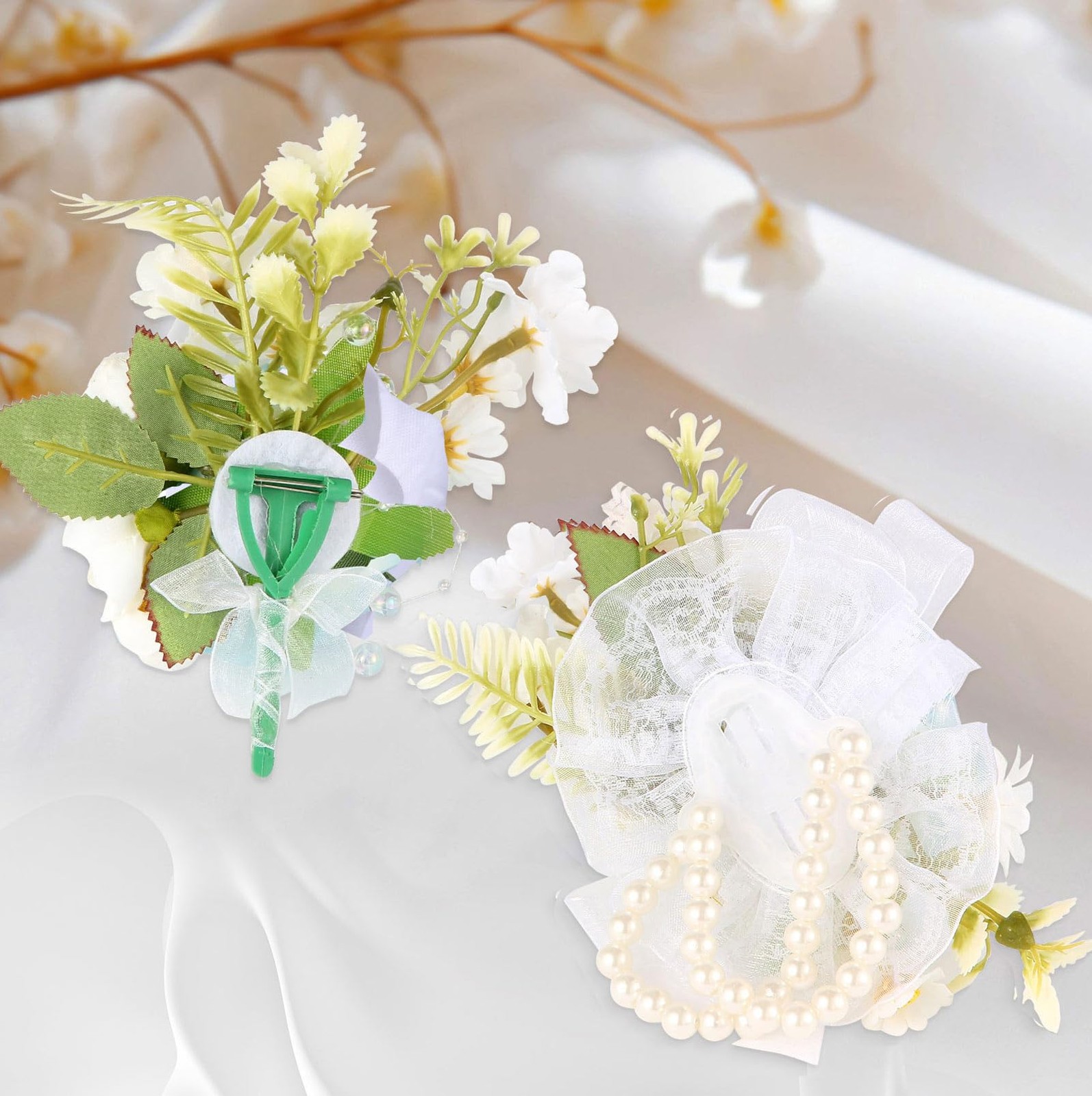Artificial Rose Wrist Corsage And Boutonniere Set Wedding Prom White 2 PCS