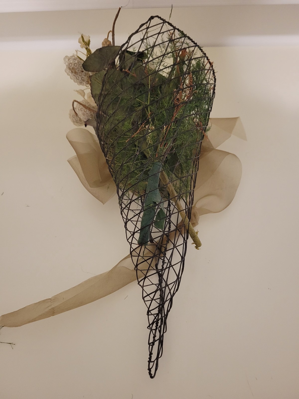 Artificial Ivory Rose Wall Decor Arrangement, Black Mesh, Beige Ribbon, Green