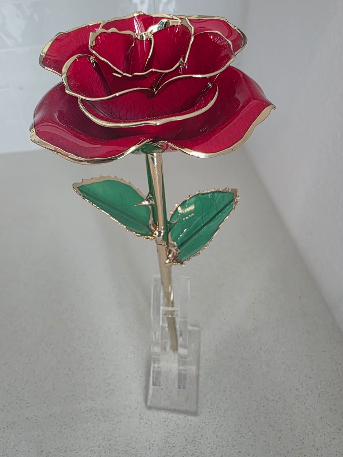 RED ROSE – Luohe, Real Preserved, Dipped in Gold, Long Stem, New In Open Box