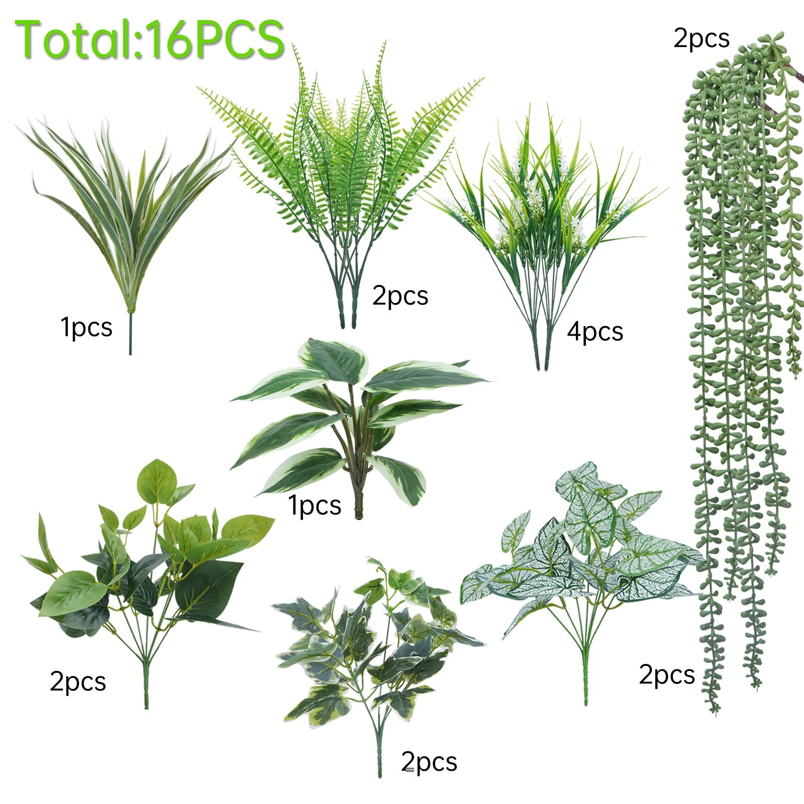 16 Bundles Artificial Greenery Stems for Outdoors Faux Plants UV Resistant Fa…