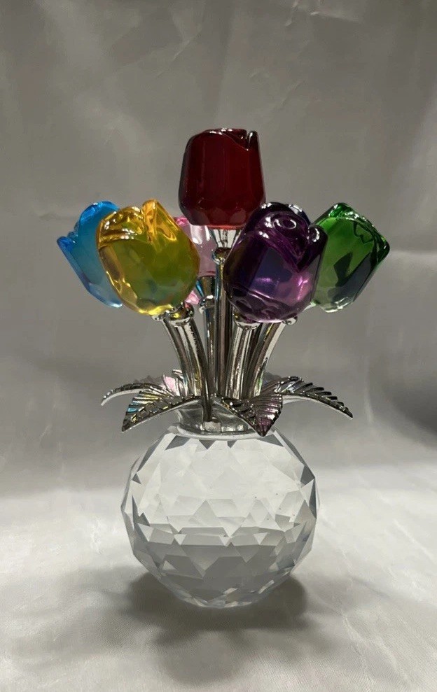 Colorful Rose Flower Crystal Figurines with Vase, Bouquet Flowers Ornament