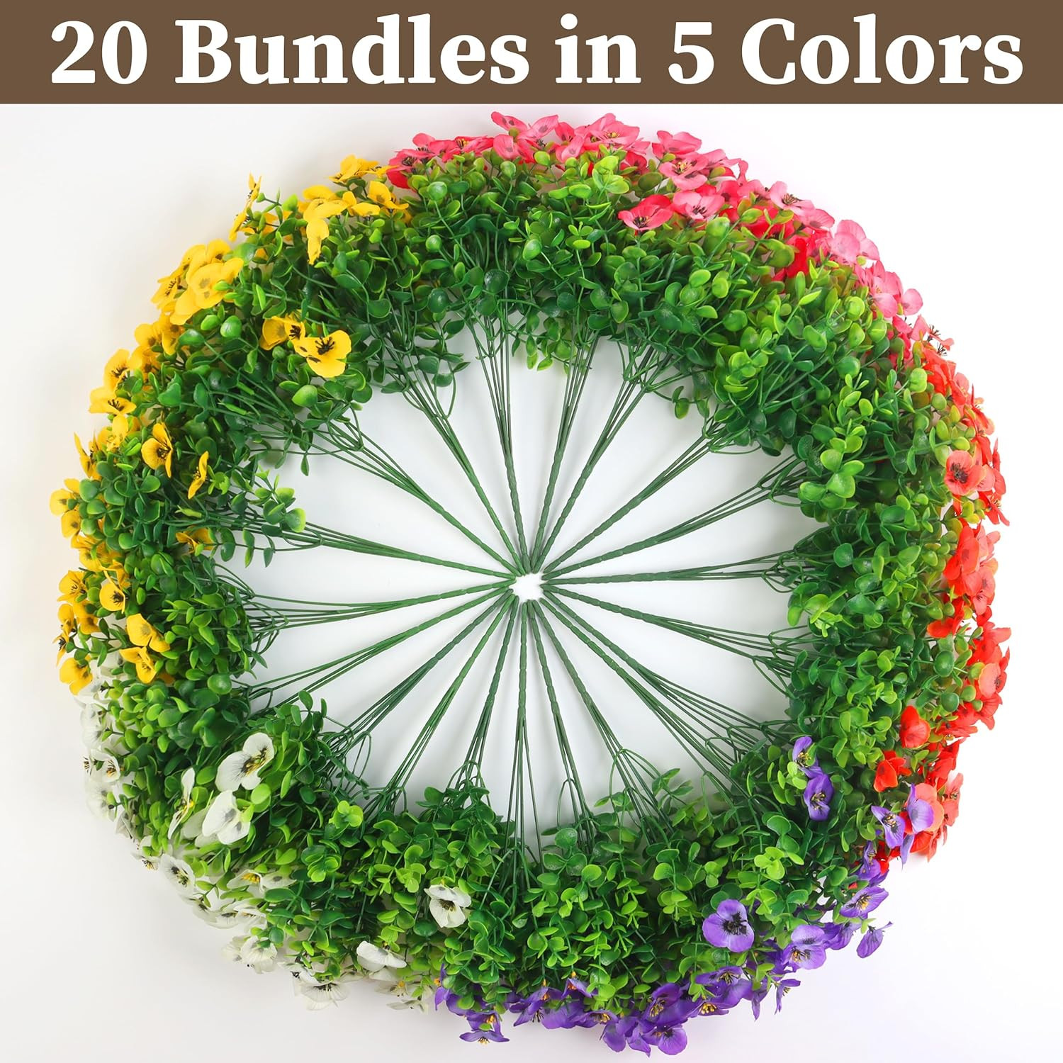20 Bundles Artificial Fake Pansy Flowers for Outdoor – Yellow, White, Purple, Su