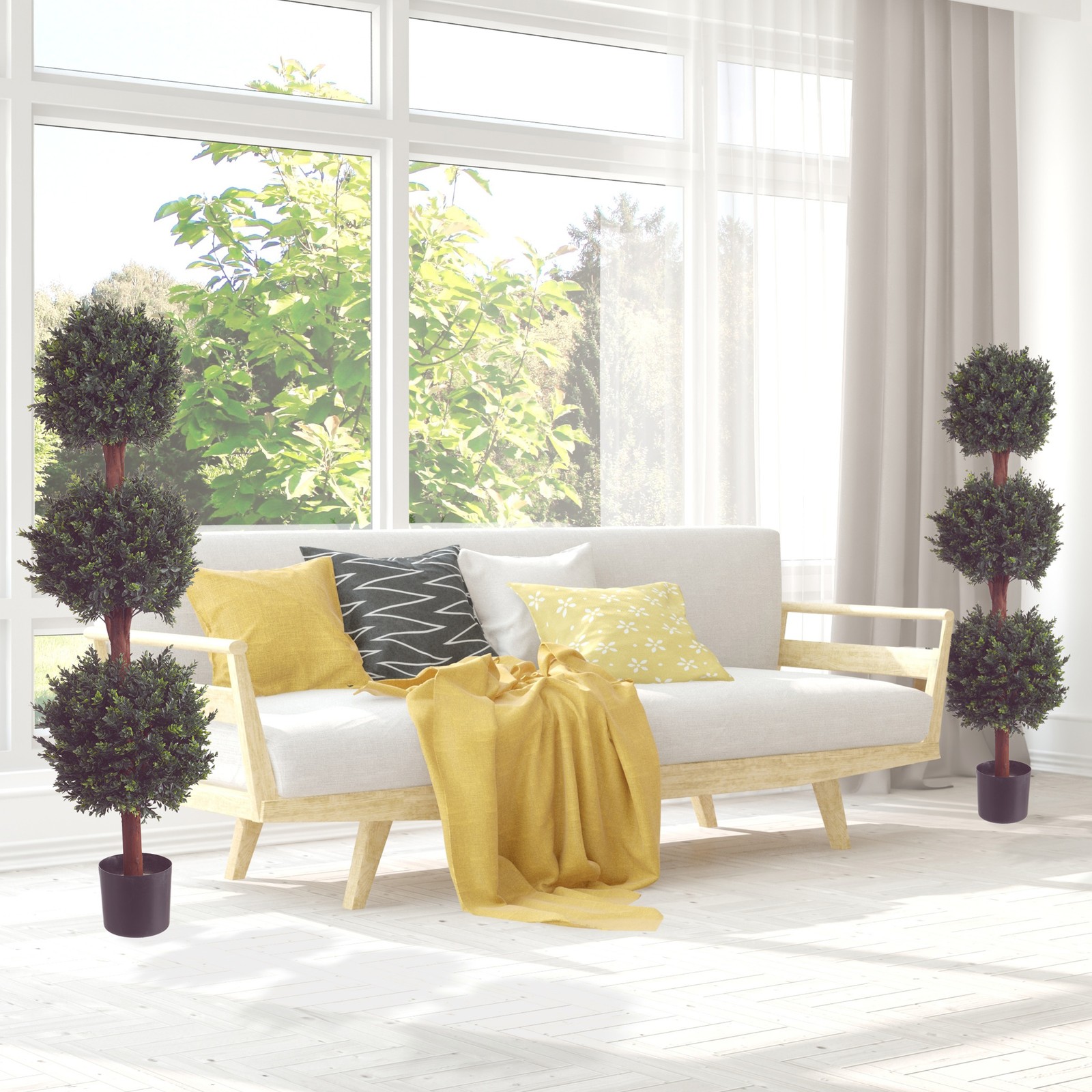 60 inch Realistic Fake Hedyotis Triple Ball Topiary Tree 5 Ft Indoor Outdoor