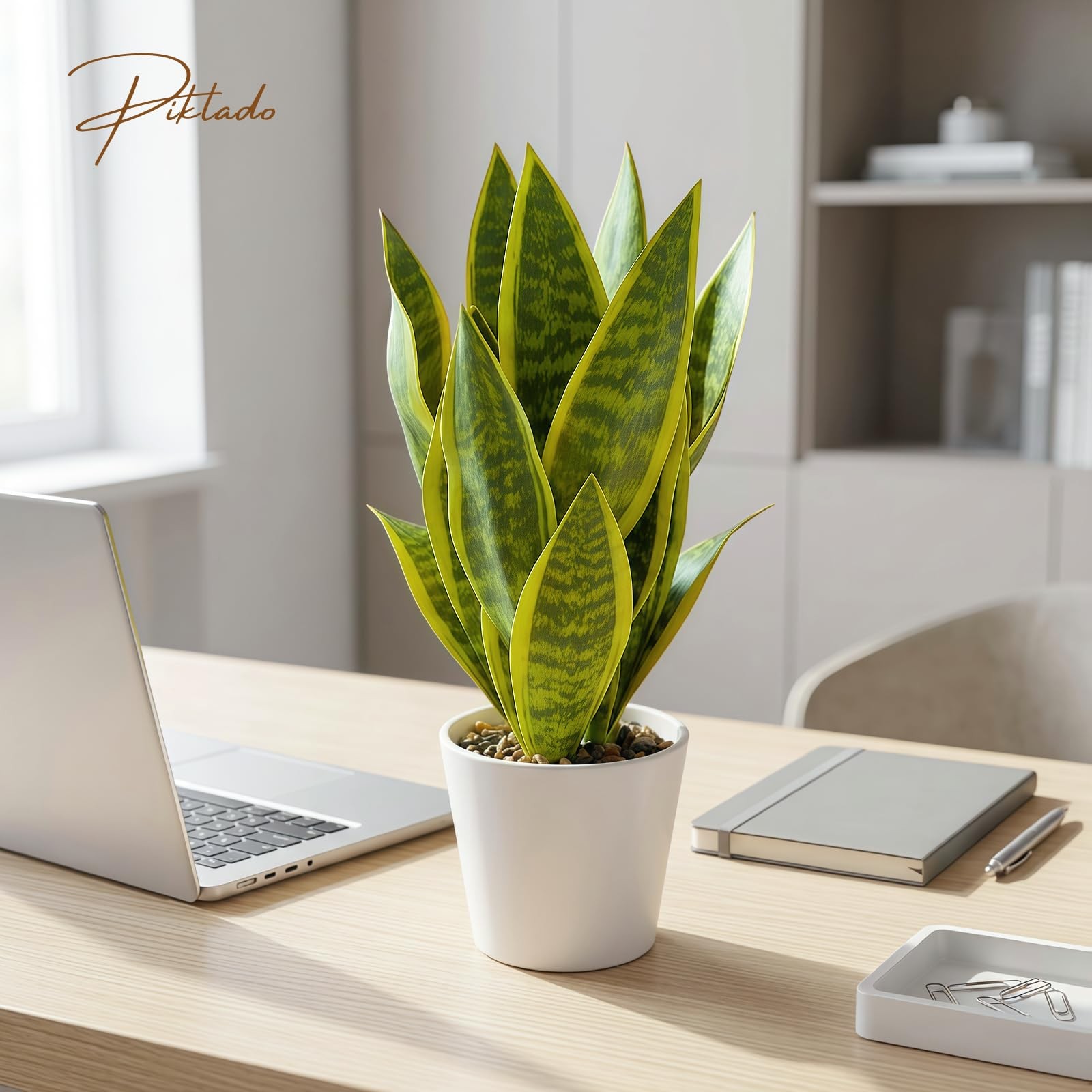 2 PCS 15.5 Inch Green Yellow Artificial Sansevieria Snake Plant White Pot
