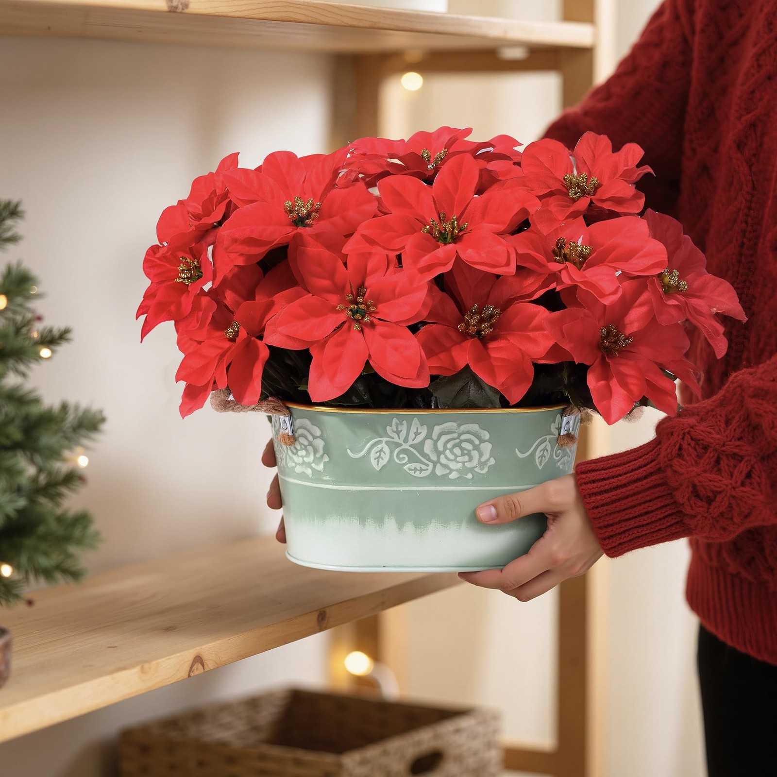 Artificial Red Poinsettia Floral Arrangement Green Metal Planter Jute Rope Use