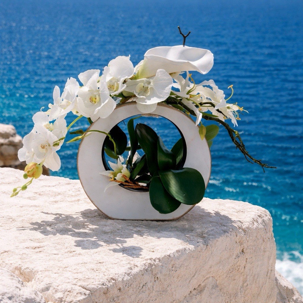 White Silk Floral Arrangement, Centerpiece contemporary Asian Zen Orchids, Lilly