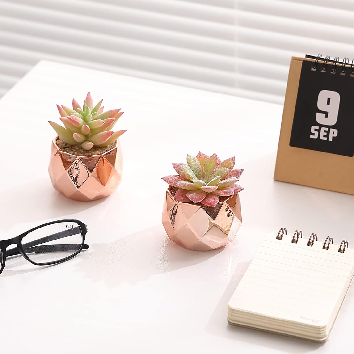 Artificial Faux Succulents in Pots, Mini Rose Gold Fake Plants for Women Desk…