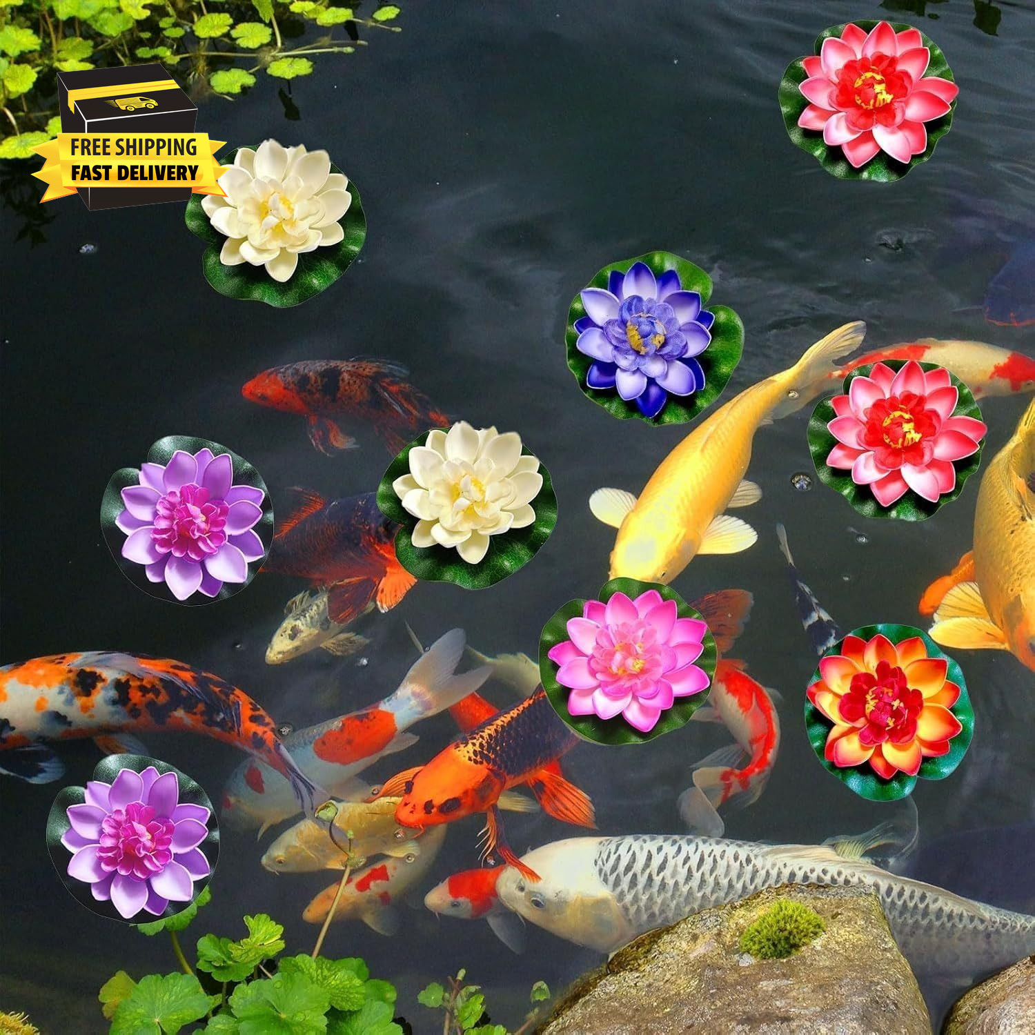 8 Pack Artificial Floating Foam Lotus Flowers with Artificial Lotus Leaves, Lily