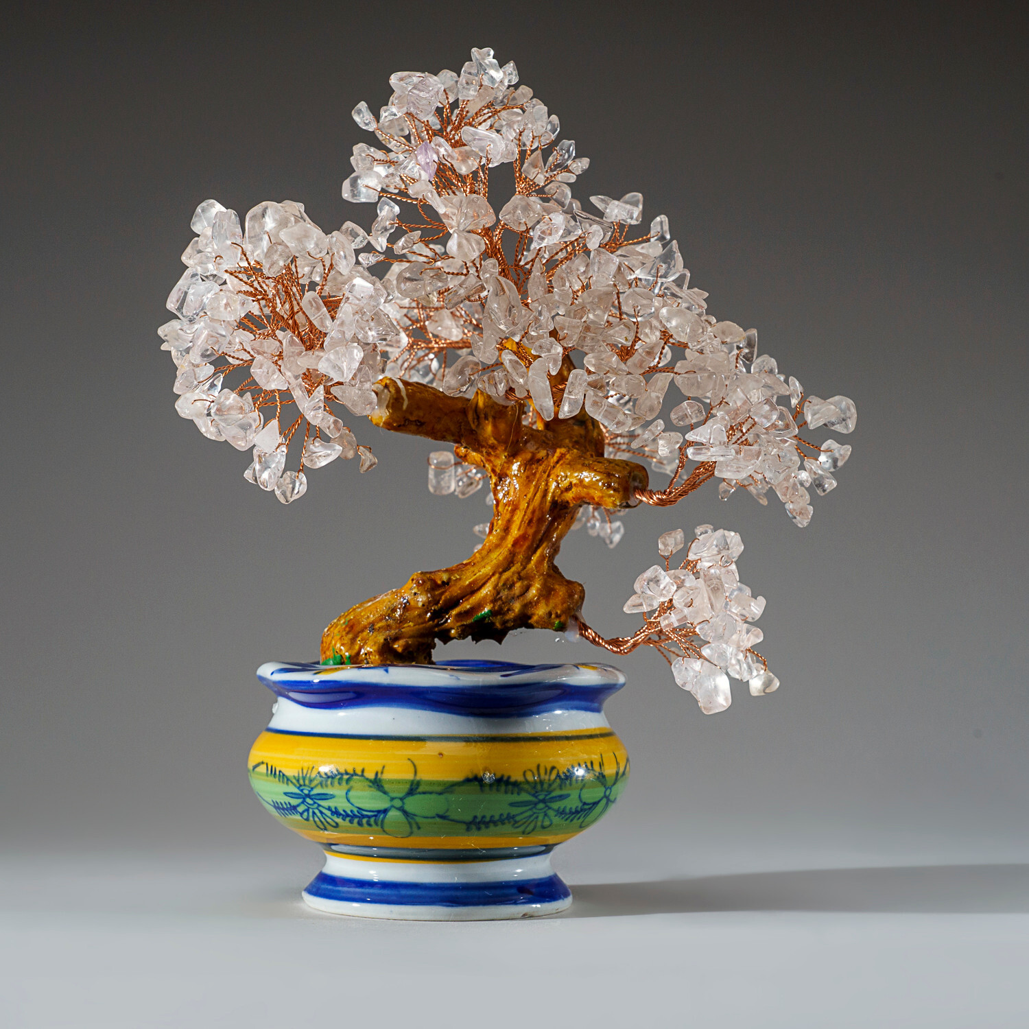 Genuine Quartz Gemstone Bonsai Tree in Round Ceramic Pot (8.5”)