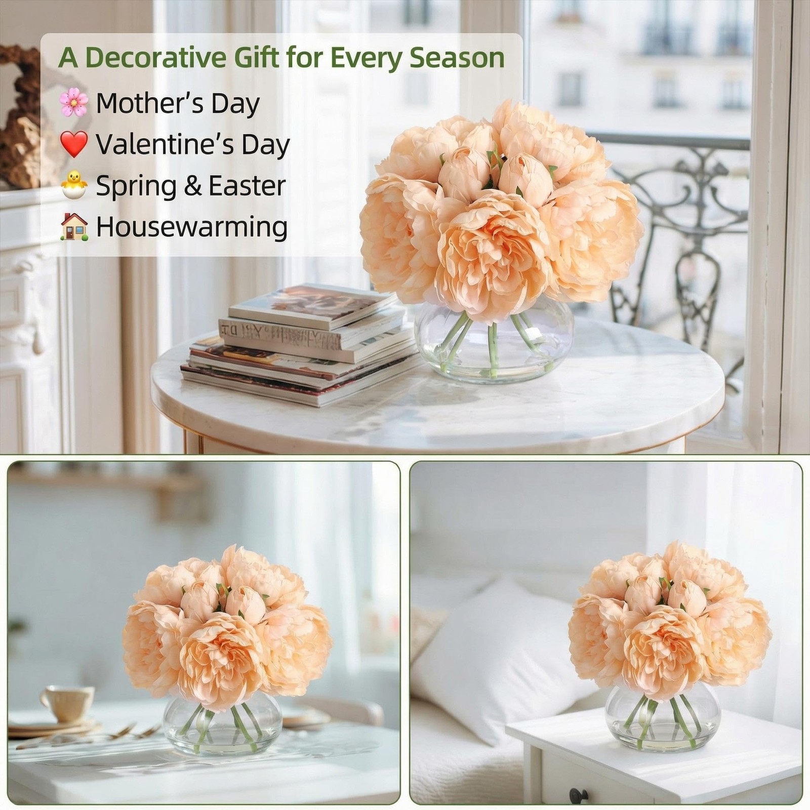 Artificial Peonies Flowers with Vase, Mixed Champagne Silk Peony Bouquet with…