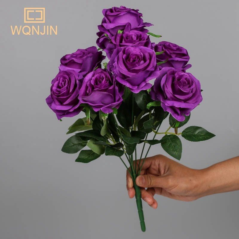 9 Artificial Rose Heads Big Bouquet Silk Flower Bunch – DIY Wedding Party Decor