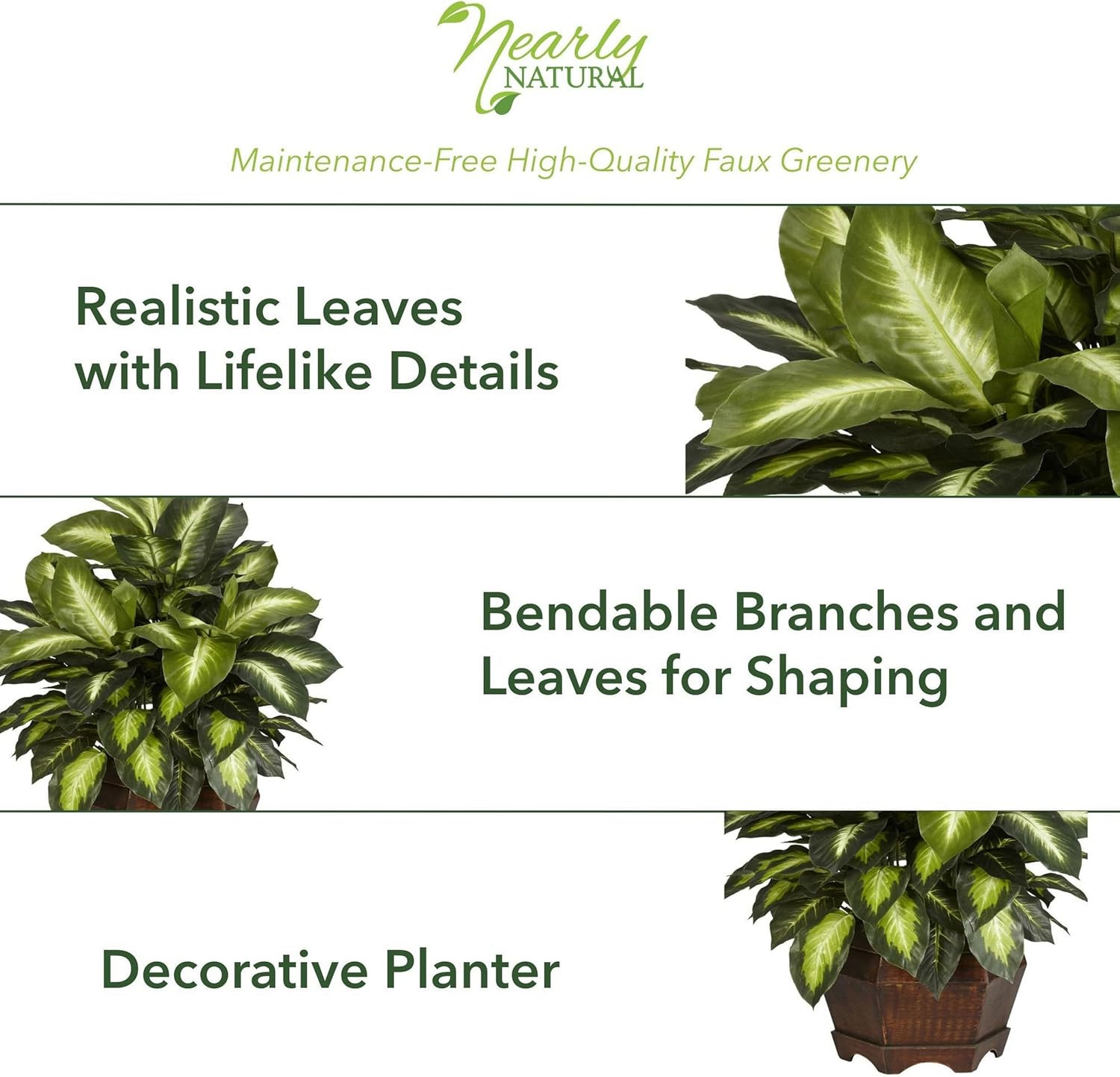 24In Artificial Dieffenbachia Silk Plant with Modern Hexagon Planter, Maintenanc