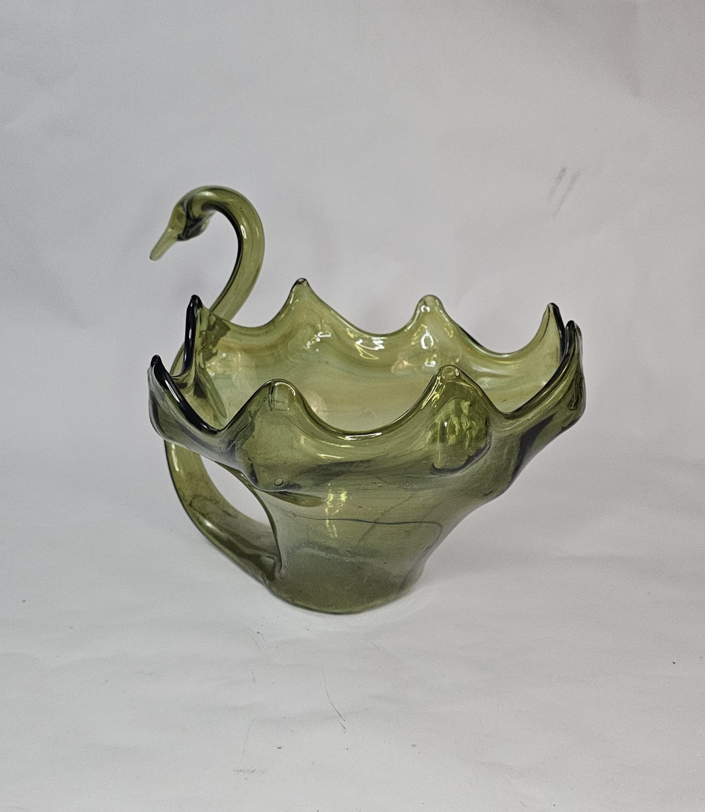 Vintage Hand Blown Art Glass Swan Bowl Multi-Green, Table Topper Decor