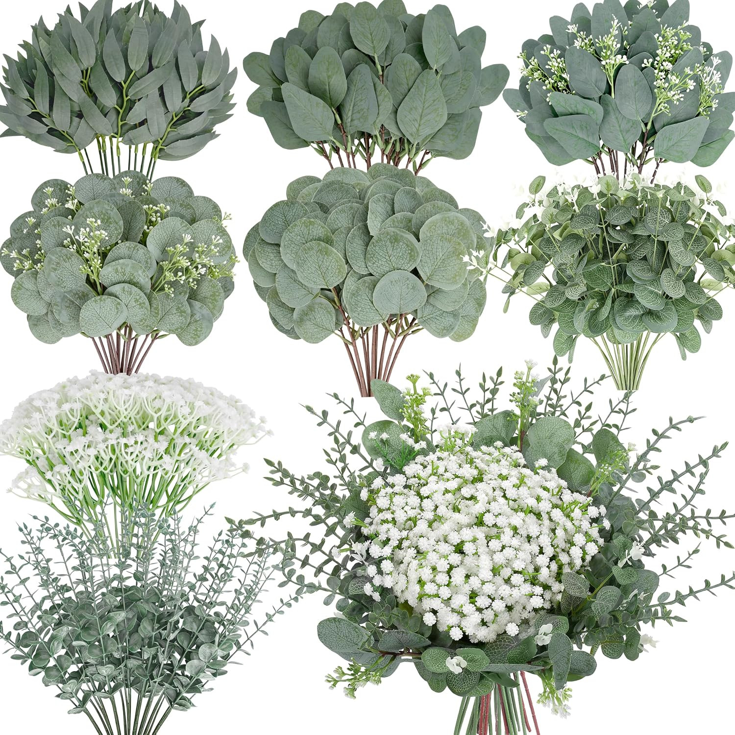 200 Pcs 8 Kinds Mixed Artificial Eucalyptus Stems Bulk Fake Silver Dollar Eucaly