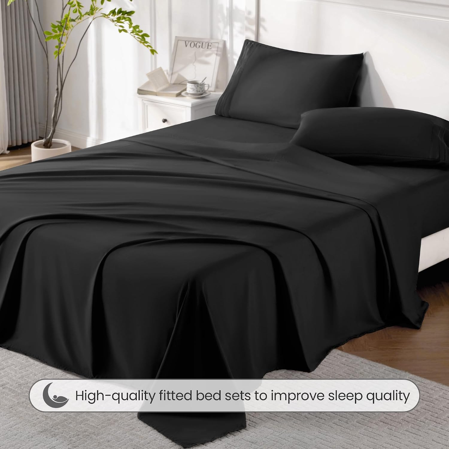 Black Queen Sheet Set, 4 Pieces Soft Bedding Queen Sheet Set, Breathable and Coo