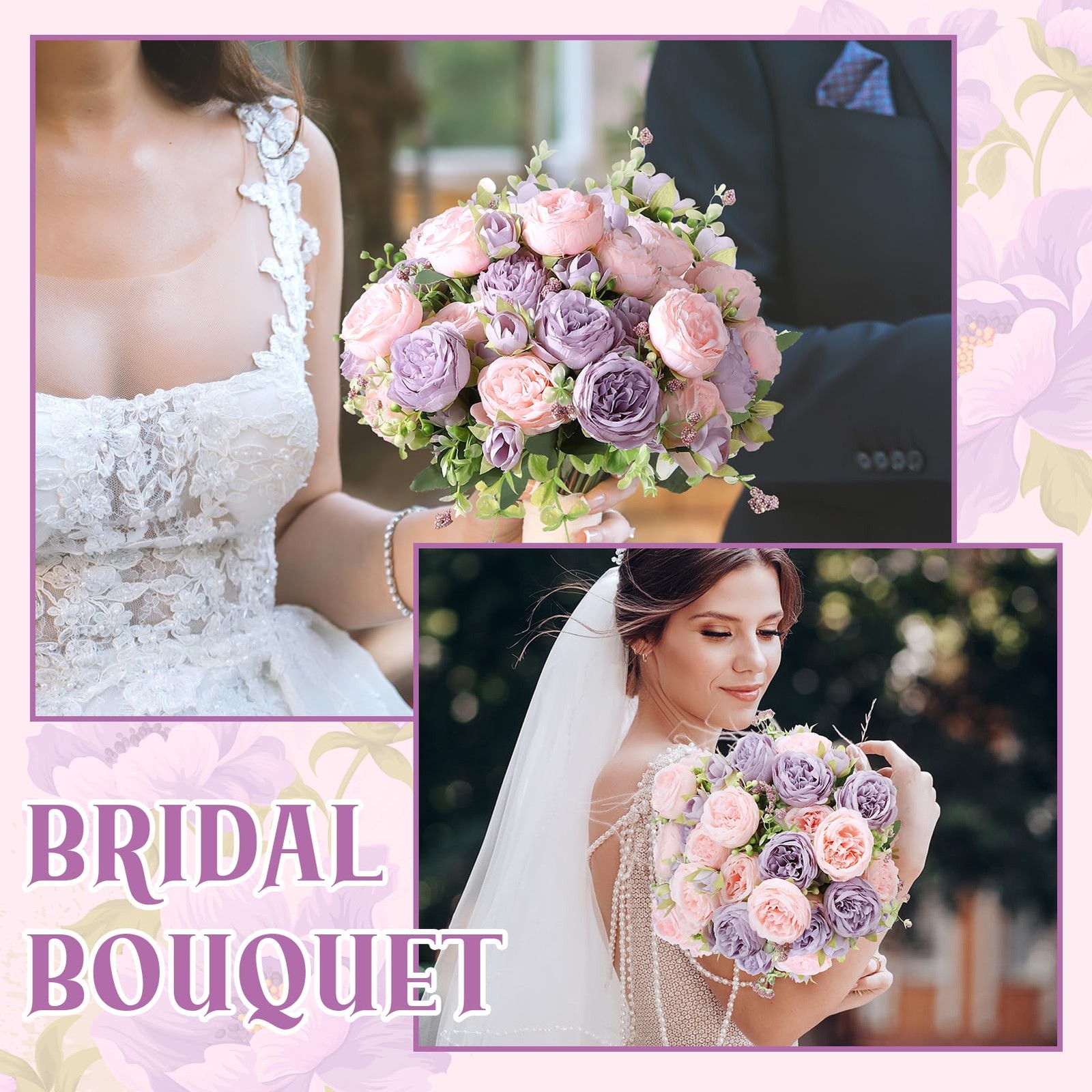 8 Pack Pink, Purple Peonies Artificial Flowers, Fake Silk Hydrangea Bouquet f…