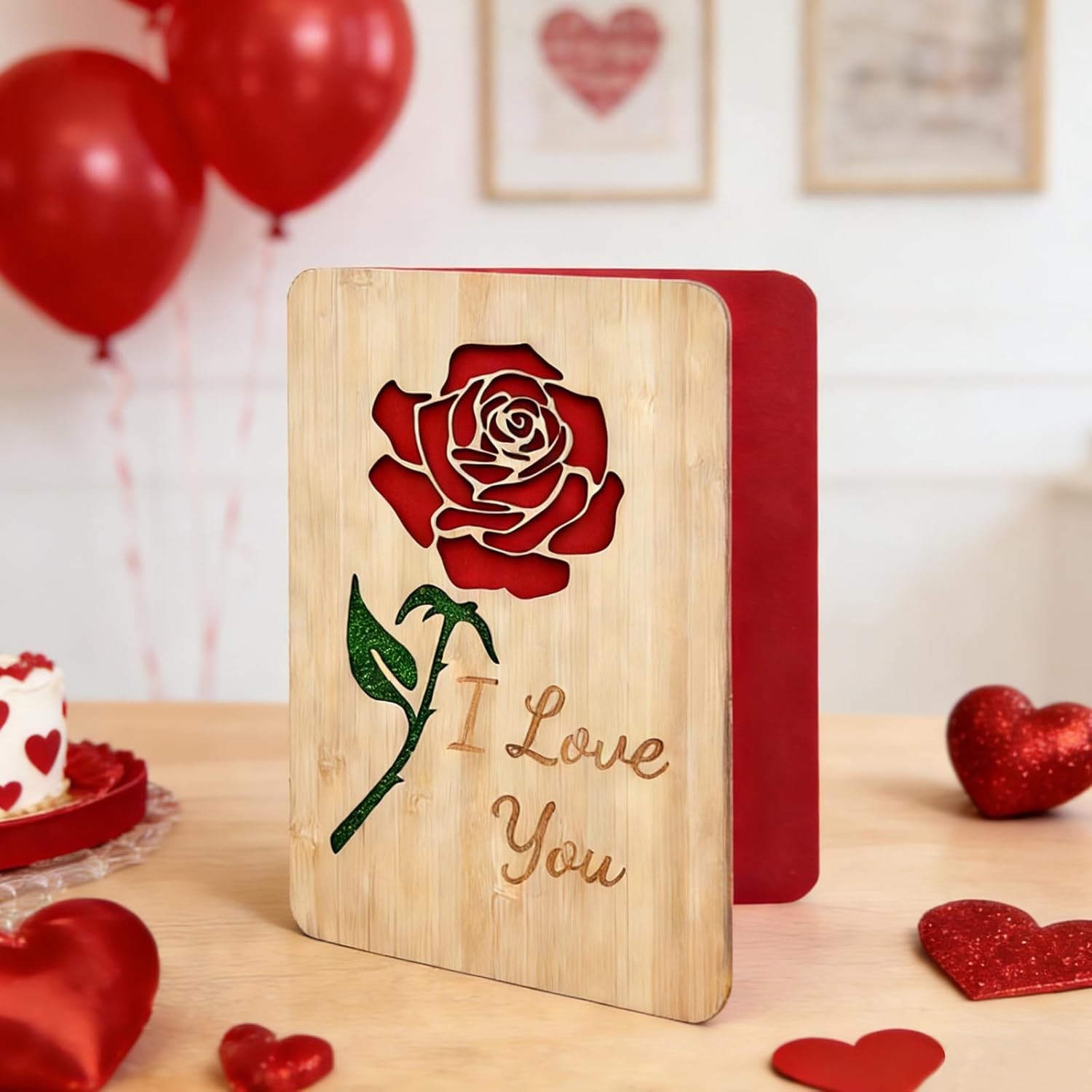 Wooden Valentine Card with Envelope for Her,Him,Romantic “I Love You” Rose C