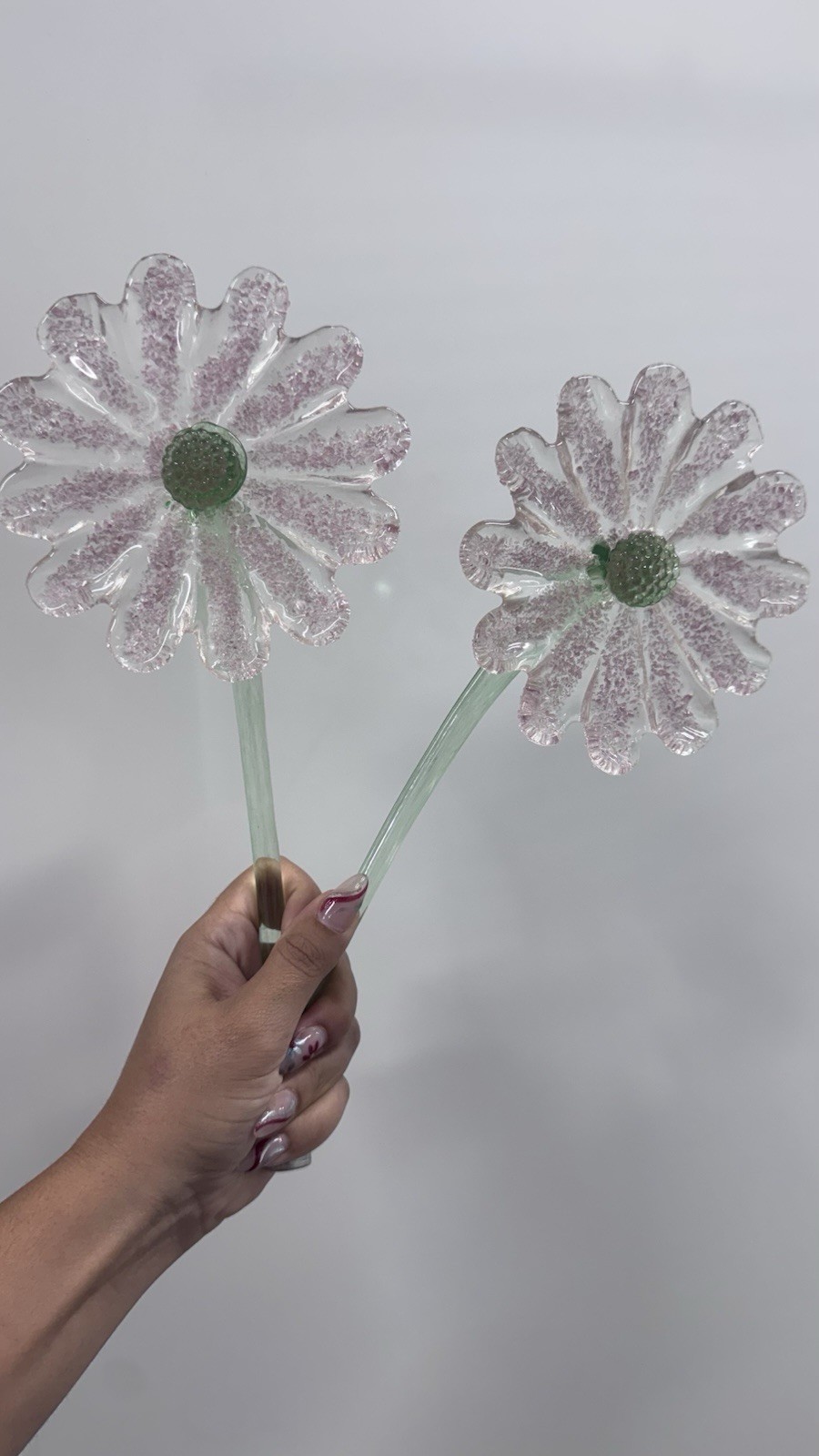 Art Glass Daisy Flower Arrangement Centerpiece, Pink Green Clear Bowl Base