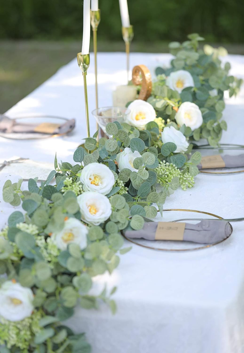 6.56ft Eucalyptus Garland W/ Flowers-8 White Roses Artificial Fake Flowers
