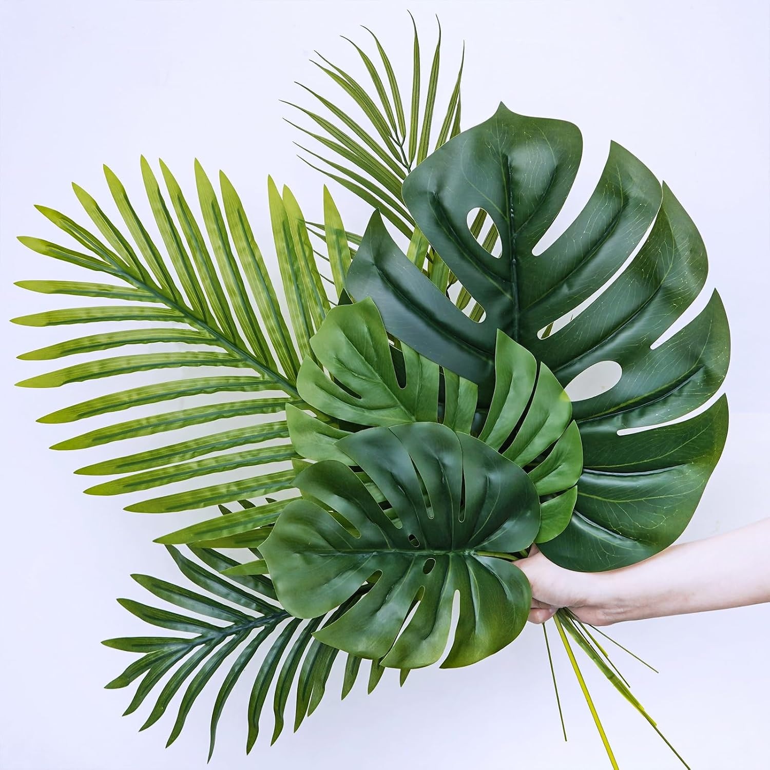 13 Pcs Tropical Faux Monstera and Palm Leaves Set Luau Wedding Decor