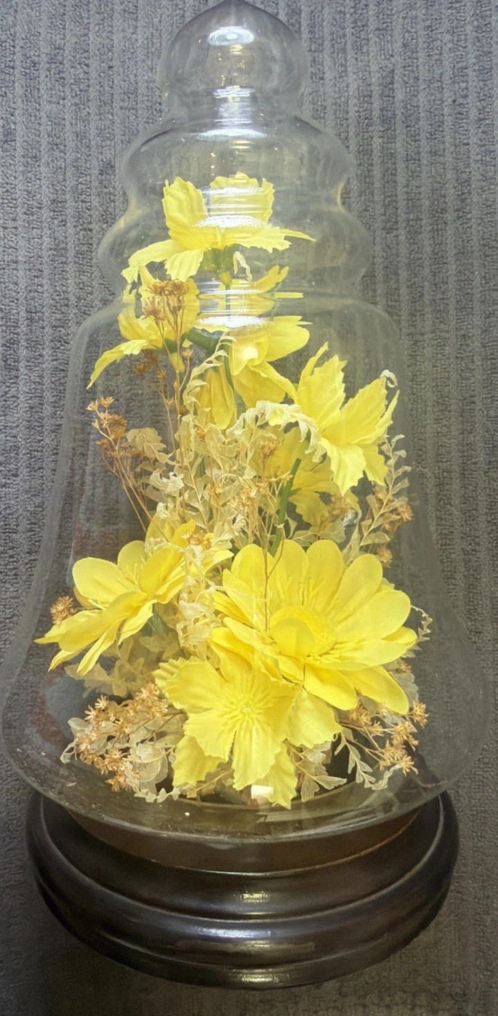 11” MCM Vintage Glass Bell Jar Dome with Yellow Floral Arrangement on Wood Base