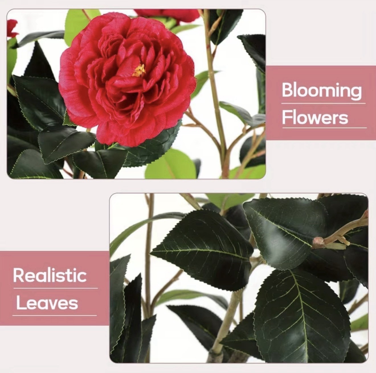 2-Pack 4ft Artificial Camellia Tree Faux Fake Potted Red Flowering Plant Decor